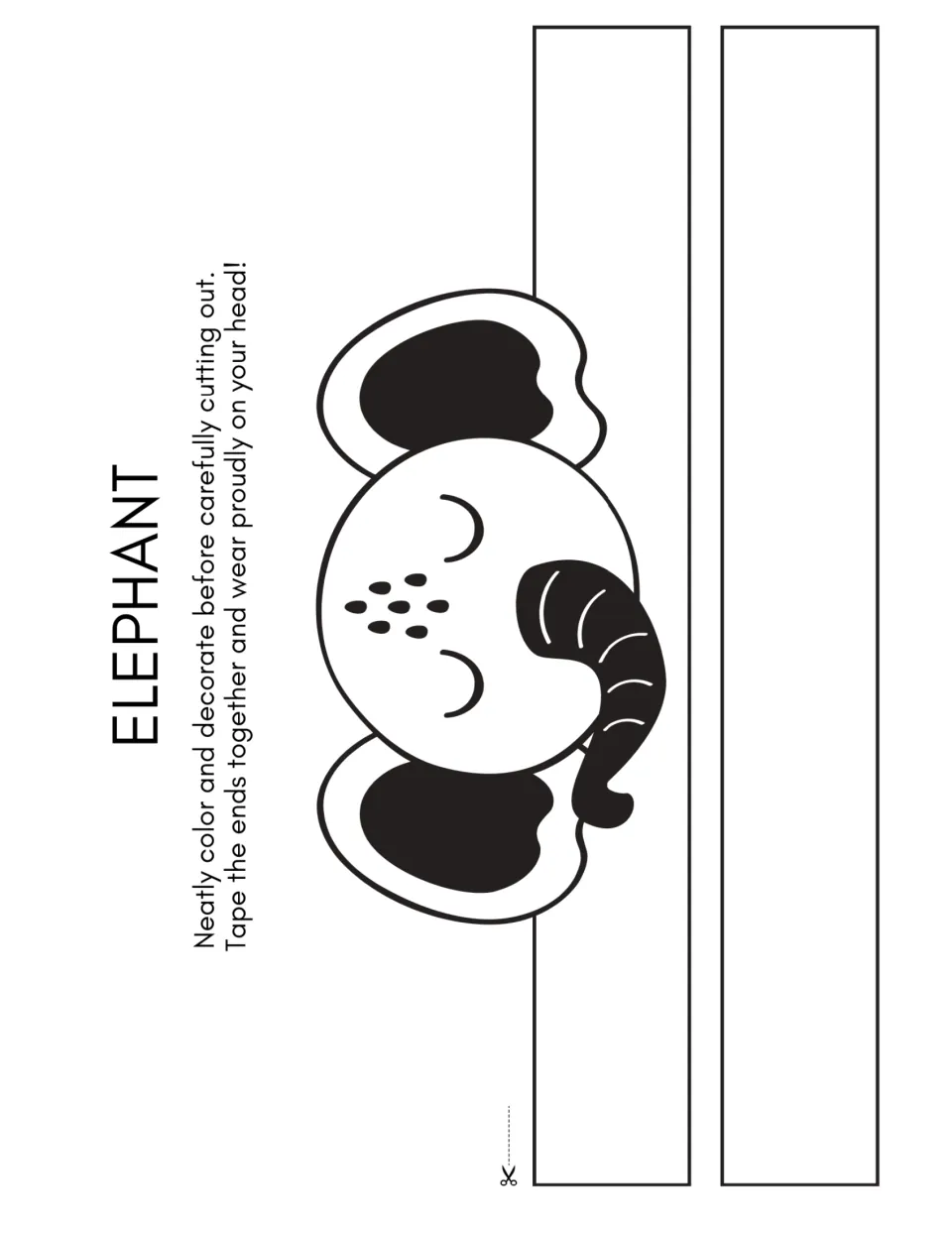 Elephant headband template for the dance warm-up craft, with ears and a trunk to color, cut out, and assemble