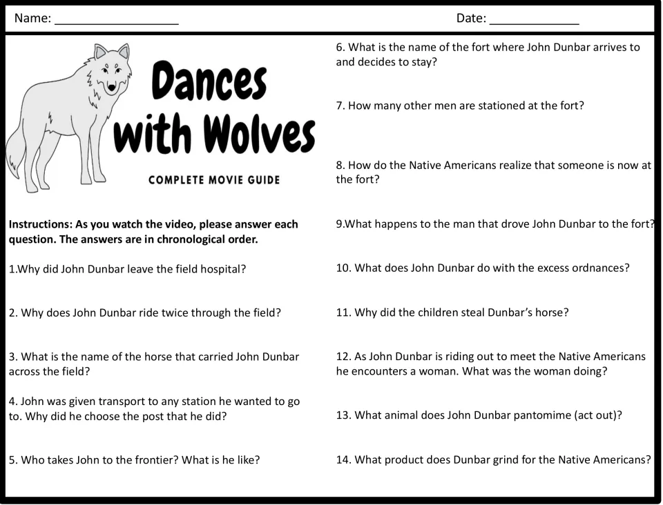 Dances with Wolves viewing guide: students answer questions 1-14 in film order, from the field hospital to the fort
