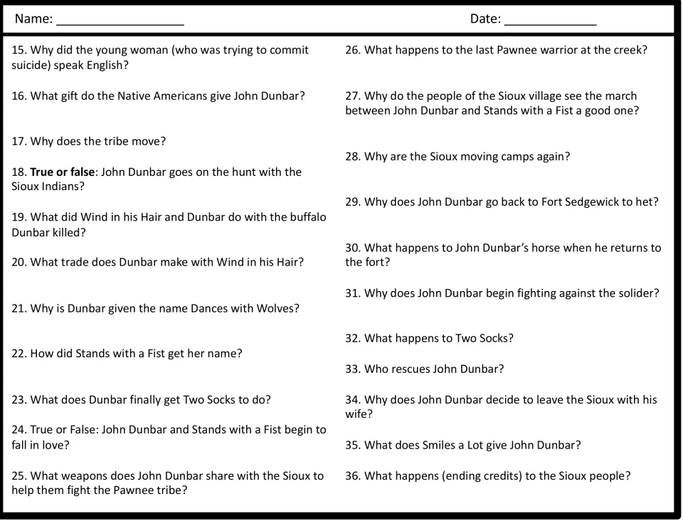 Film questions 15-36 on Dunbar's life with the Sioux: students recall the hunt, naming, Pawnee fight and ending in order