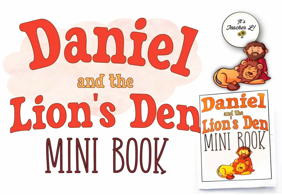 Daniel and the Lion's Den mini book cover showing Daniel resting beside a lion and a preview of the printed book front