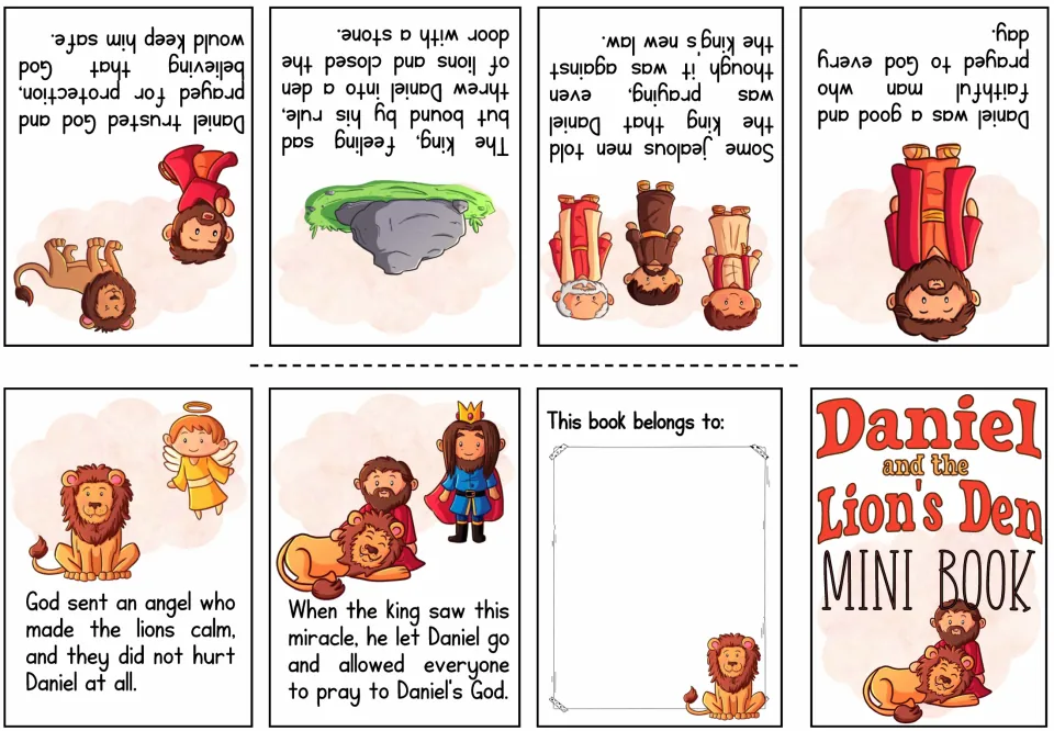 Colored story booklet: Daniel prays, jealous men tell the king, he is thrown to the lions, an angel keeps him safe