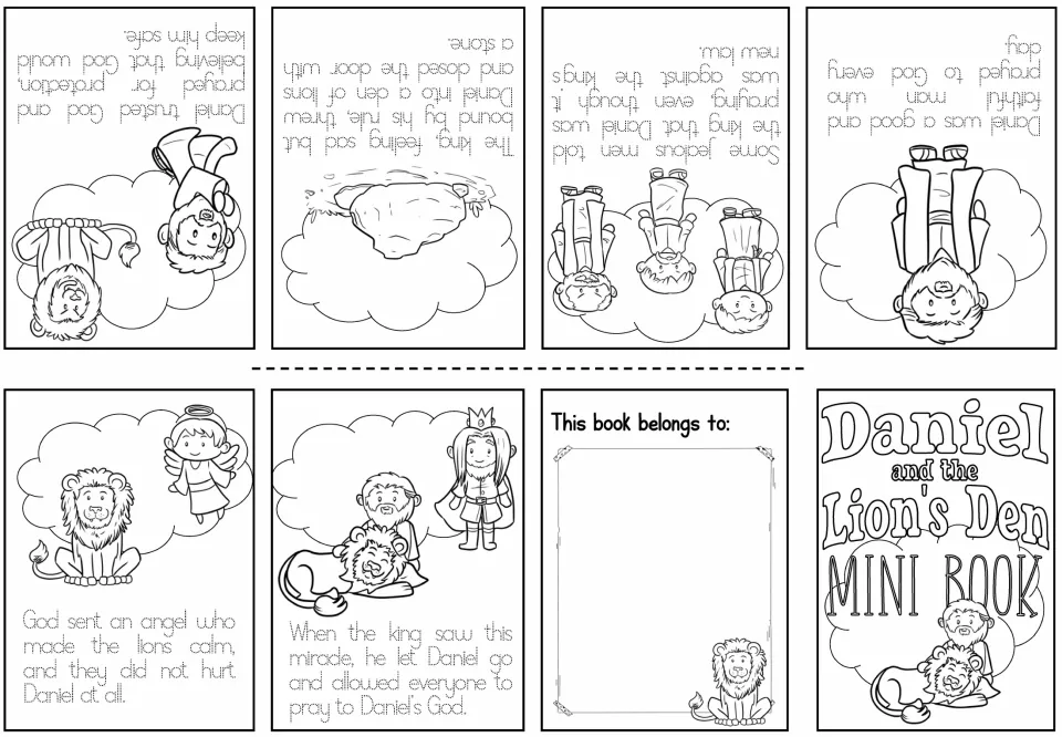 Tracing booklet: black and white Daniel story with dotted sentences students trace before coloring each picture