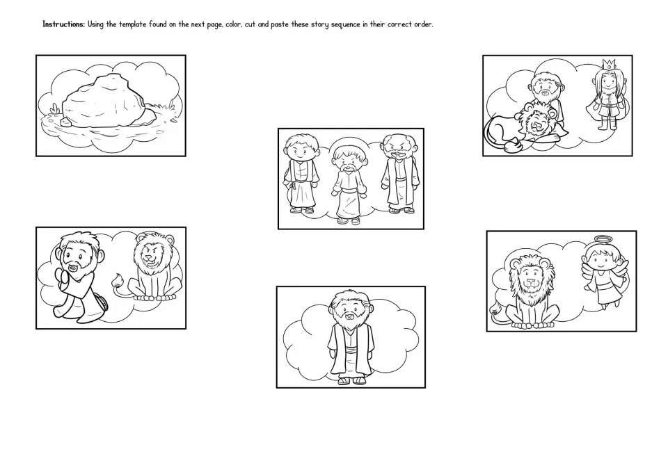 Sequencing cut-outs: students color, cut and paste six Daniel story scenes, such as the den stone and angel, in order