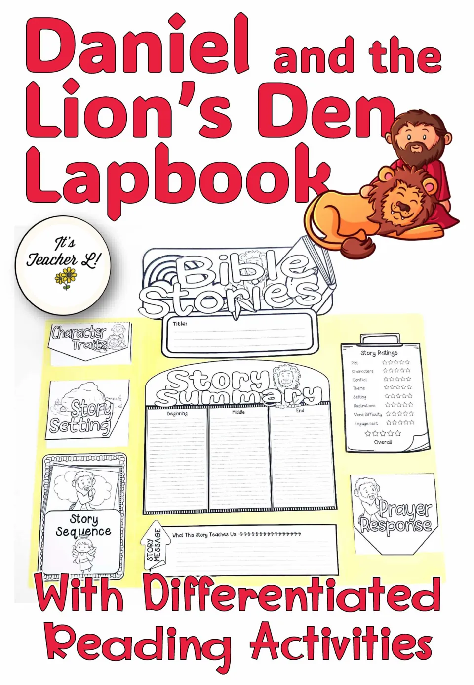 Daniel and the Lion's Den lapbook cover showing a finished Bible Stories lapbook with differentiated reading activities