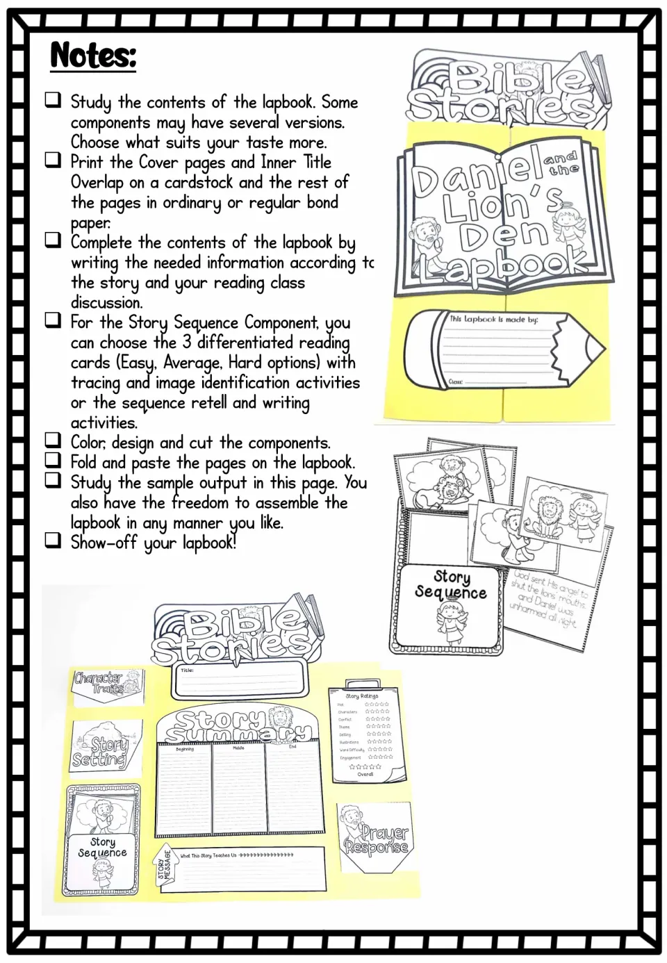 Lapbook assembly notes: checklist for printing, filling in, coloring, cutting and pasting parts, plus sample photos
