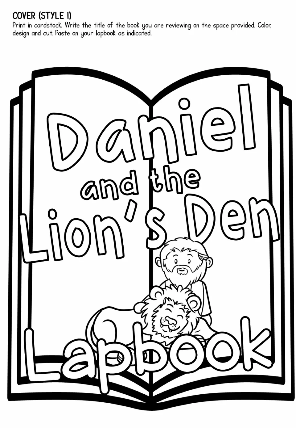 Cover style 1: open-book title piece with Daniel hugging a smiling lion, for students to color, cut and paste