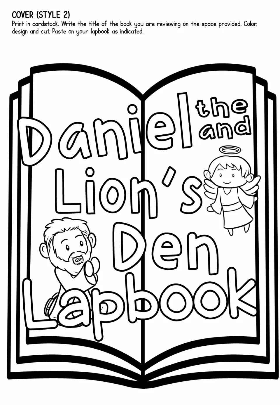 Cover style 2: open-book title piece showing Daniel praying and a haloed angel, to color, cut and paste on the front