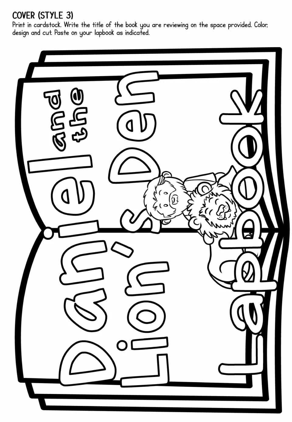 Cover style 3: sideways open-book title piece with Daniel and the lion peeking over the pages, ready to color and cut out