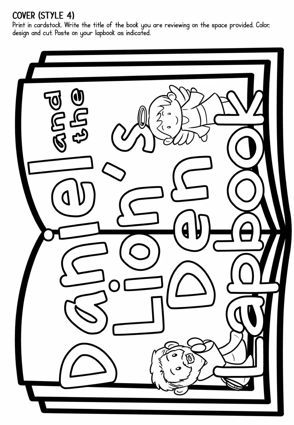 Cover style 4: sideways open-book title piece with an angel and Daniel at either end, for students to color, cut and paste