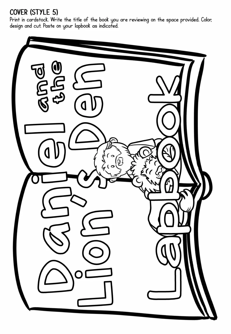 Cover style 5: tilted open-book title piece with Daniel and the lion in the center fold, for students to color and cut out