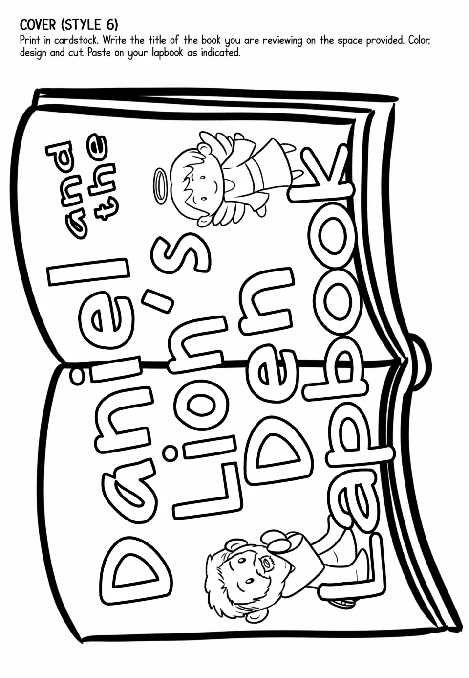 Cover style 6: tilted open-book title piece with a haloed angel and Daniel, to color, cut out and glue on the front