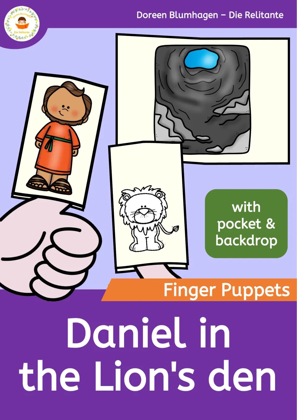 Cover for finger puppets of Daniel in the Lion's den with pocket and backdrop; Daniel and lion puppets beside a stone den