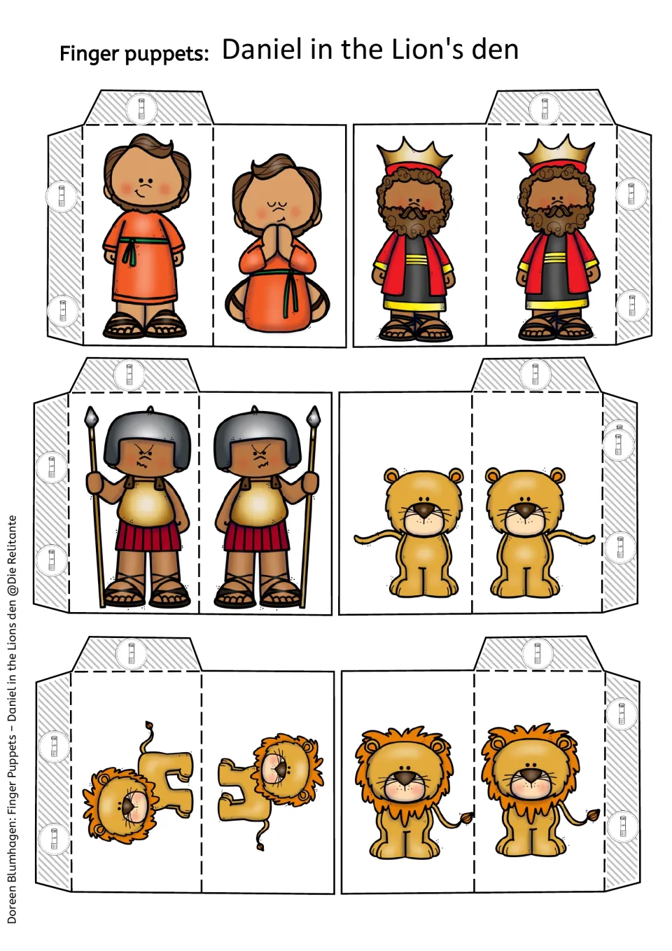Colour finger puppet cut-outs: Daniel standing and praying, a king, a spear-carrying soldier and three lions to fold and glue