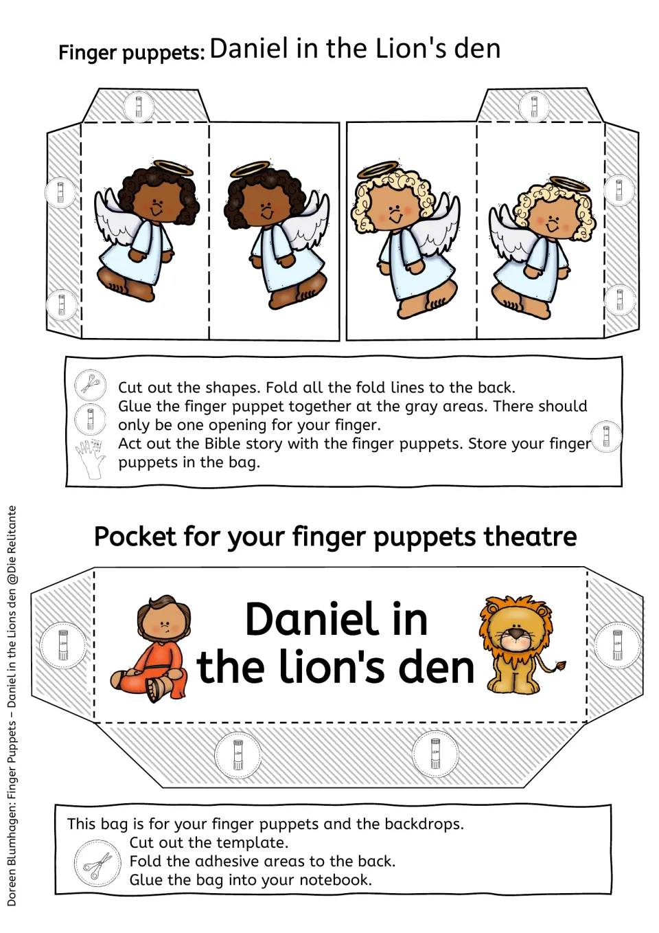 Colour angel finger puppet cut-outs with folding and gluing steps, plus a pocket template labelled for storing the puppets