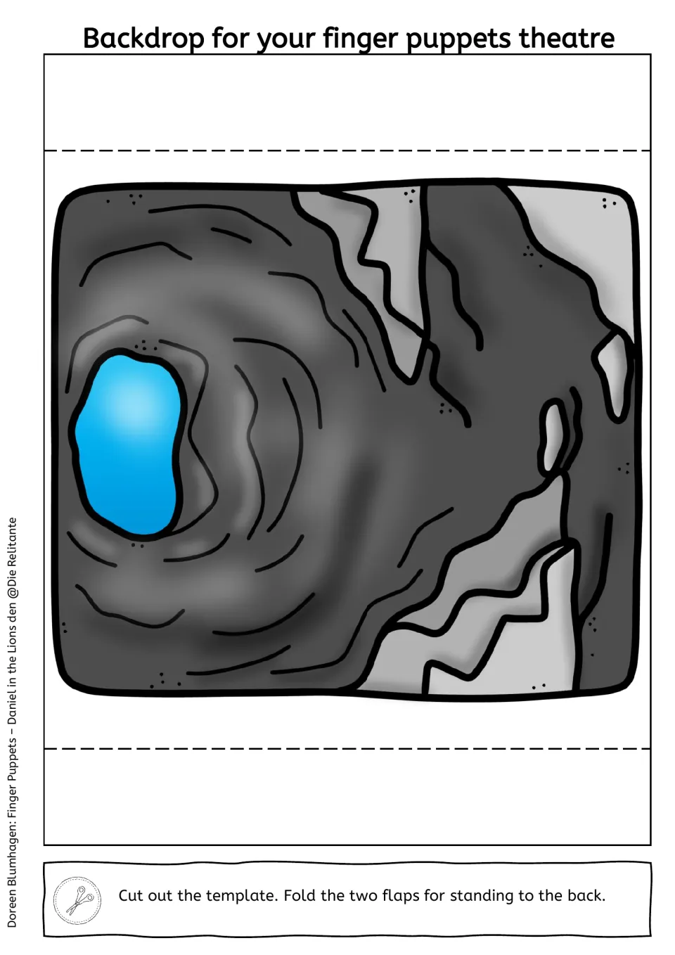 Colour backdrop cut-out of a grey stone den with a blue opening, with two flaps folded back so the scene stands up