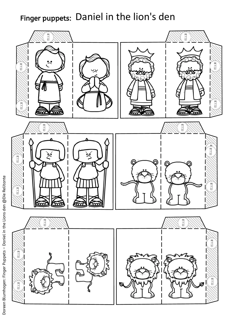 Black-and-white puppet cut-outs to colour: Daniel standing and praying, a king, a soldier and three lions to fold and glue