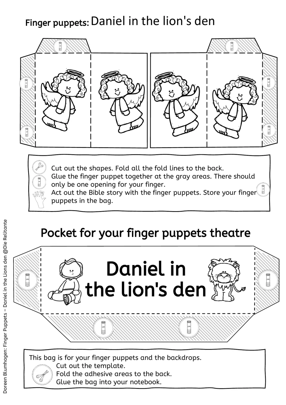 Black-and-white angel puppets to colour, assembly steps, and a pocket template for storing puppets and backdrops in a notebook