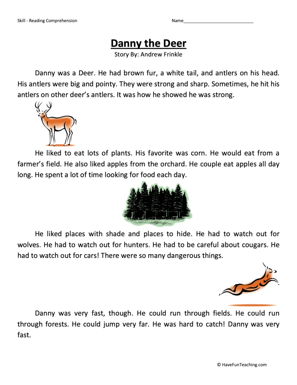 Reading passage about Danny the Deer, his antlers, favorite foods, dangers, and ability to run and jump