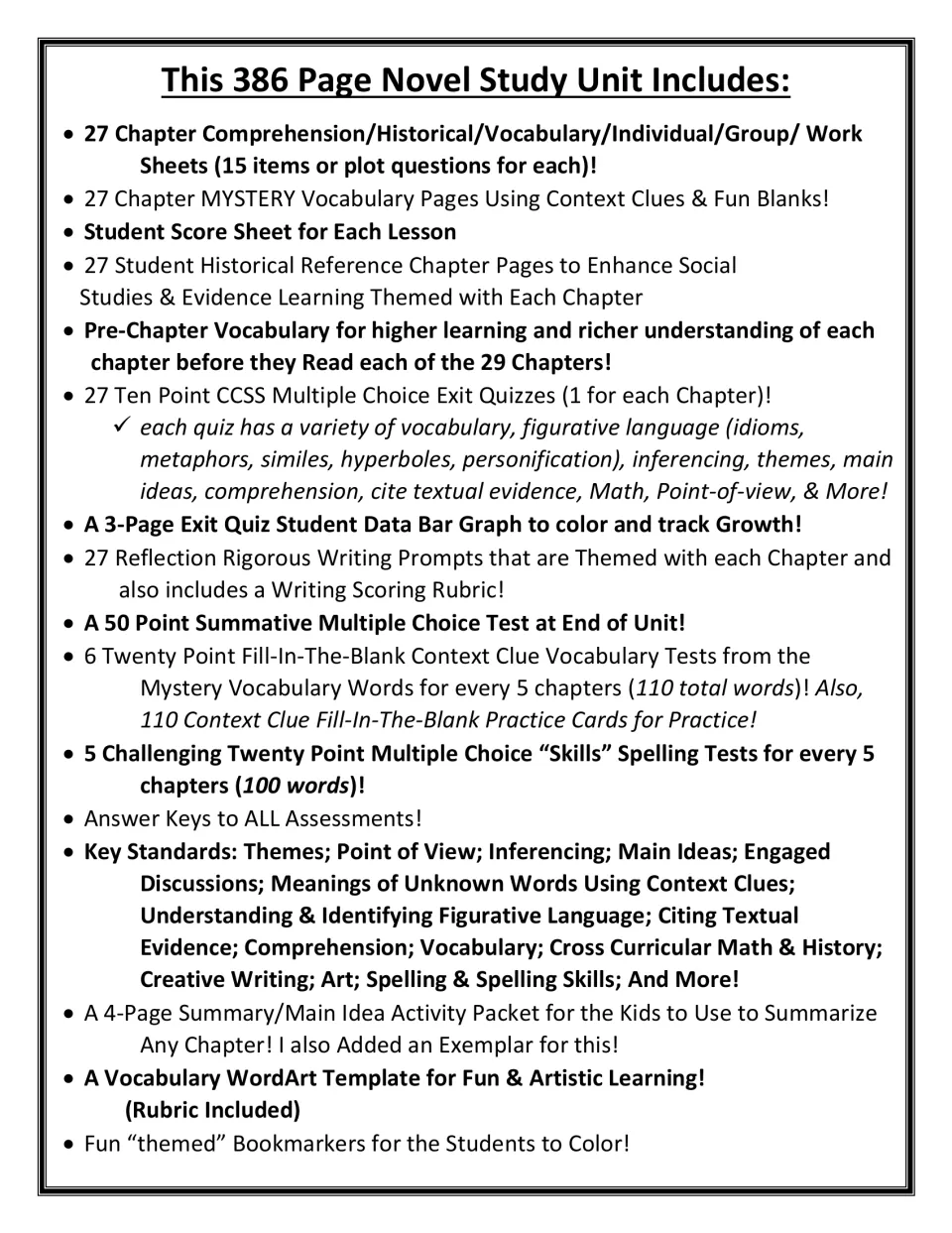 Contents list of the 386-page unit: 27 chapter worksheets, exit quizzes, vocabulary and spelling tests, prompts and keys