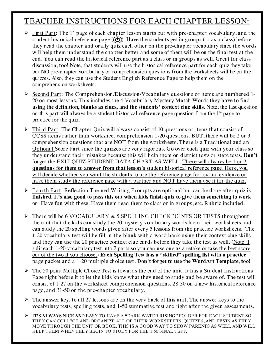 Teacher instructions for each chapter lesson: pre-chapter vocabulary, comprehension items, 10-item quiz, reflection prompt