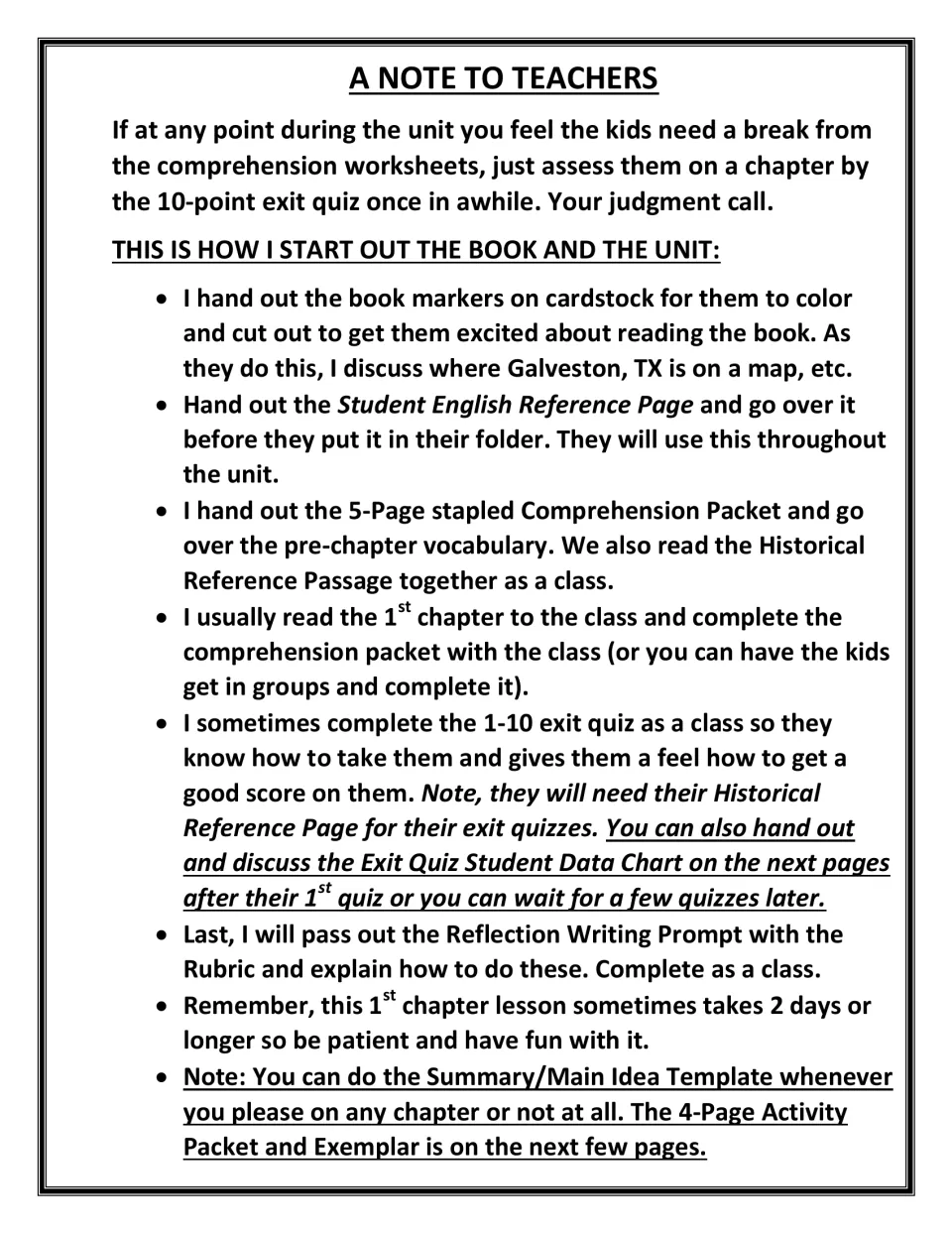 A note to teachers on starting the book: bookmarks, locating Galveston, TX on a map, reading chapter 1 together as a class