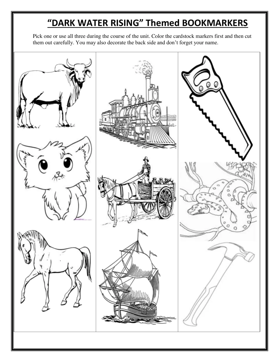 Themed bookmarks to color and cut out: three strips of drawings such as a bull, steam train, sailing ship, saw and snake