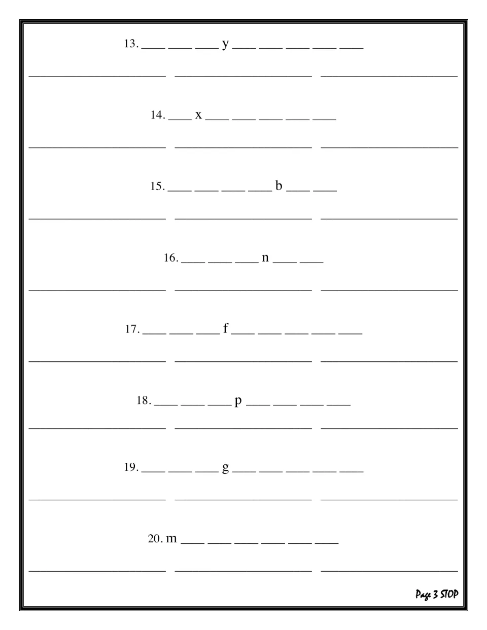 Mystery word items 13 to 20: students fill letter blanks for each word, using one given letter such as y, x or m as a clue