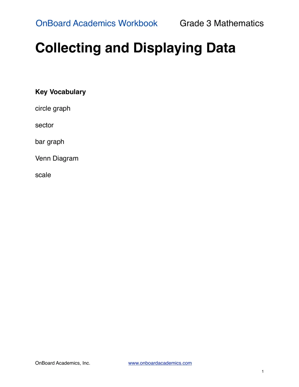 Data collection vocabulary page introduces circle graph, sector, bar graph, Venn diagram, and scale