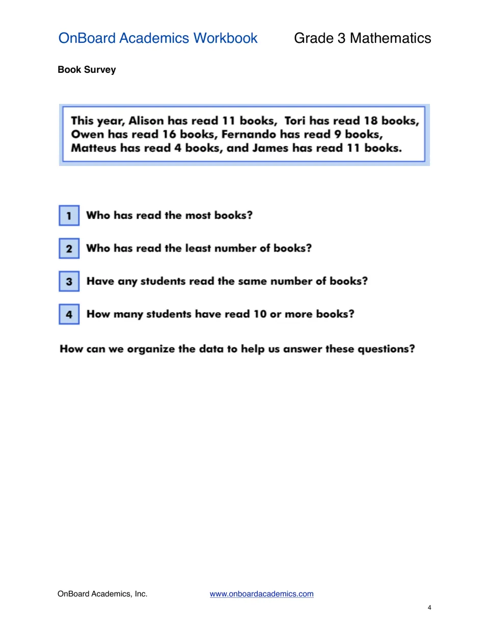 Book survey exercise lists six students' reading totals and asks about most, least, equal, and 10 or more books