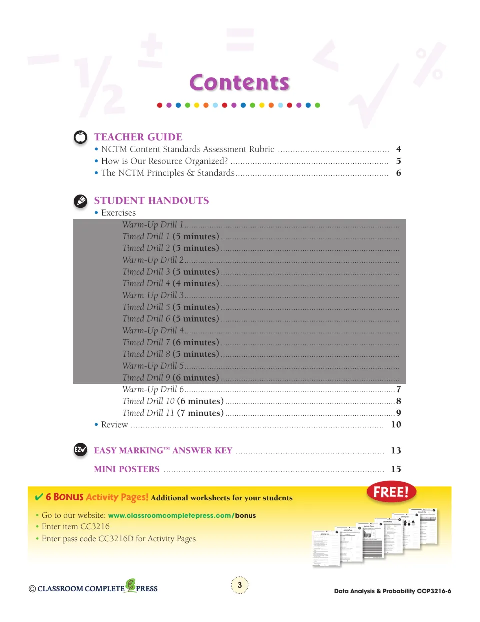 Contents listing the teacher guide, Warm-Up Drills 1–6, Timed Drills 1–11, Review, answer key and mini posters