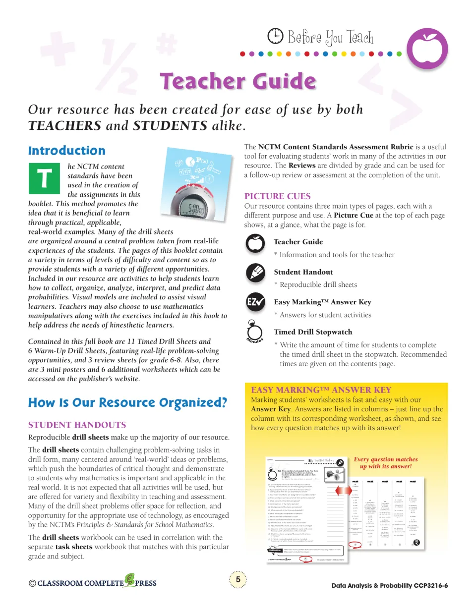Teacher Guide introduction explaining picture cues, the Easy Marking answer key and how drill sheets are organized