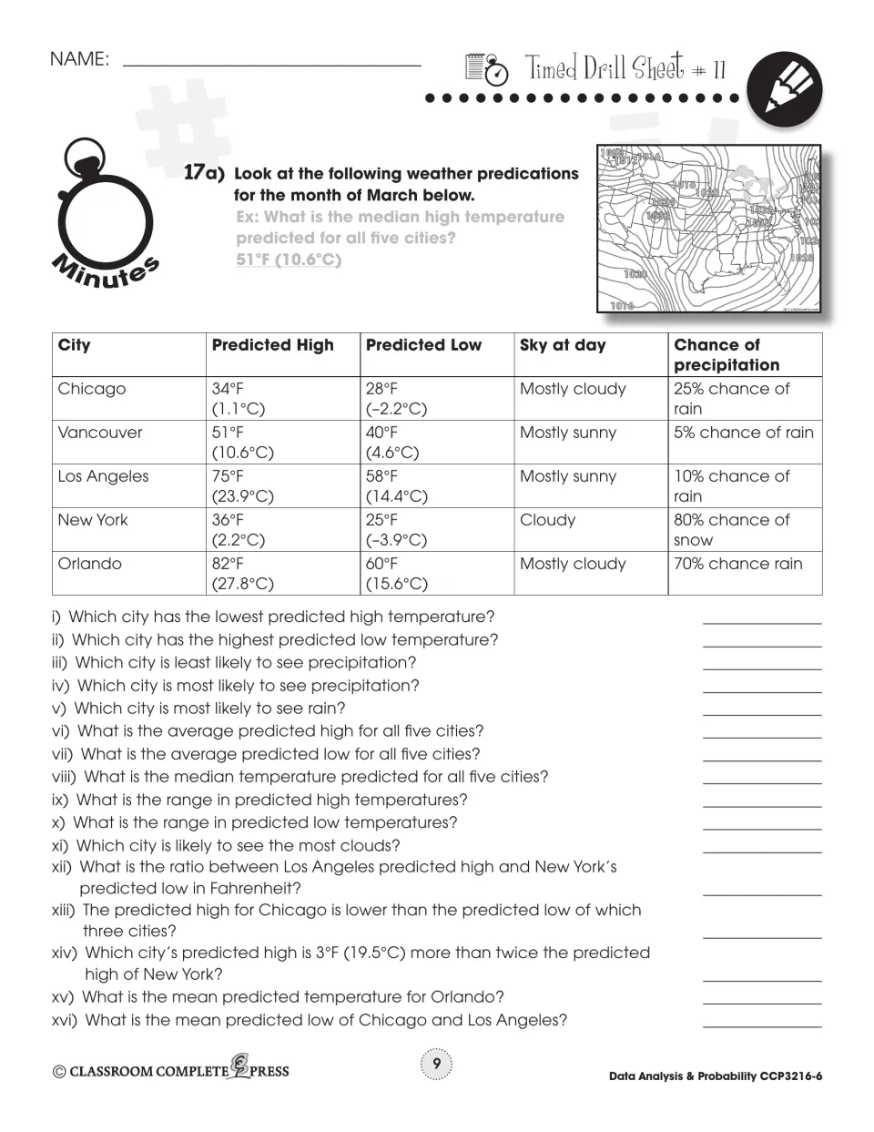Timed Drill Sheet 11: weather predictions for five cities, with 16 questions on mean, median, range and ratios