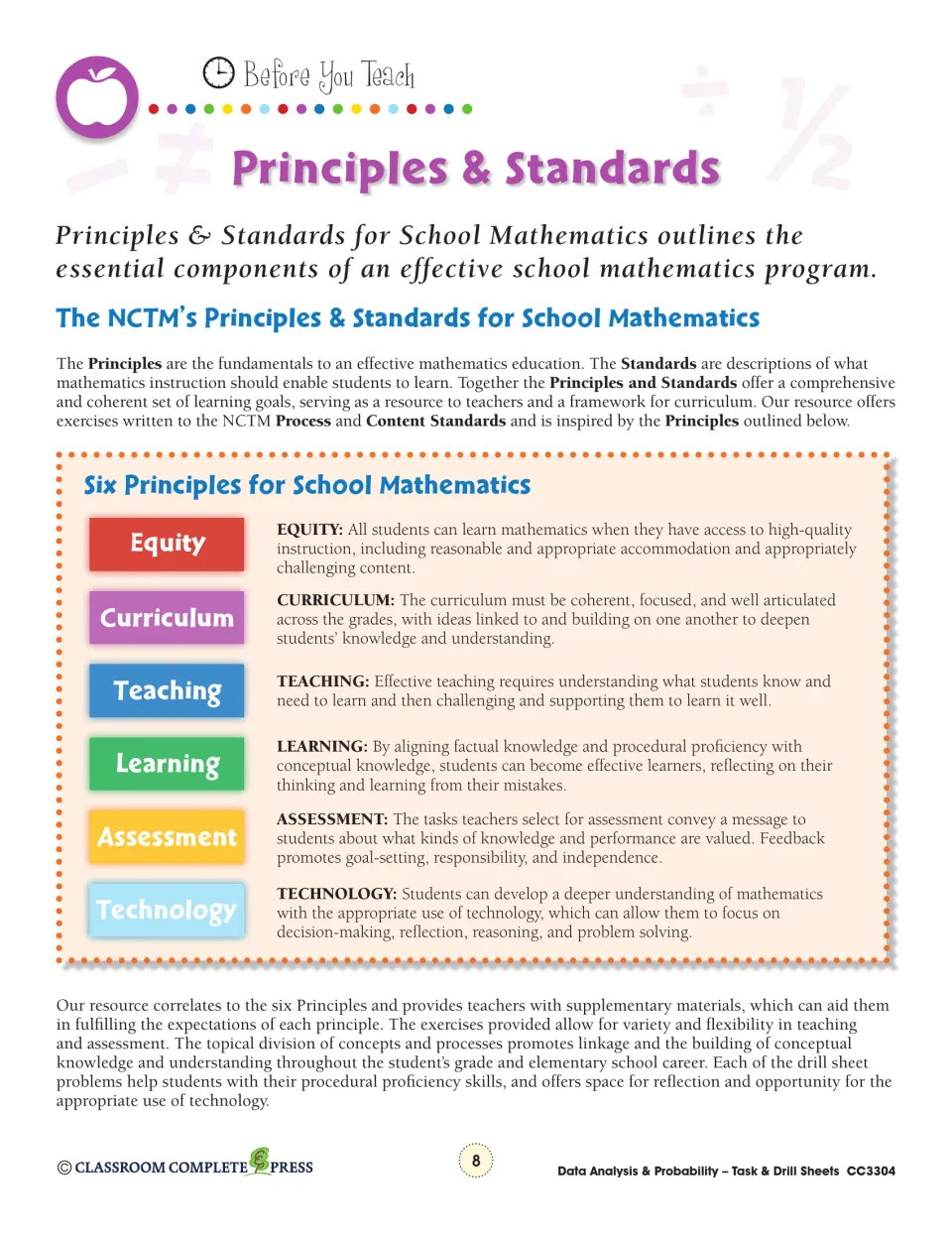 NCTM Six Principles for School Mathematics: equity, curriculum, teaching, learning, assessment and technology