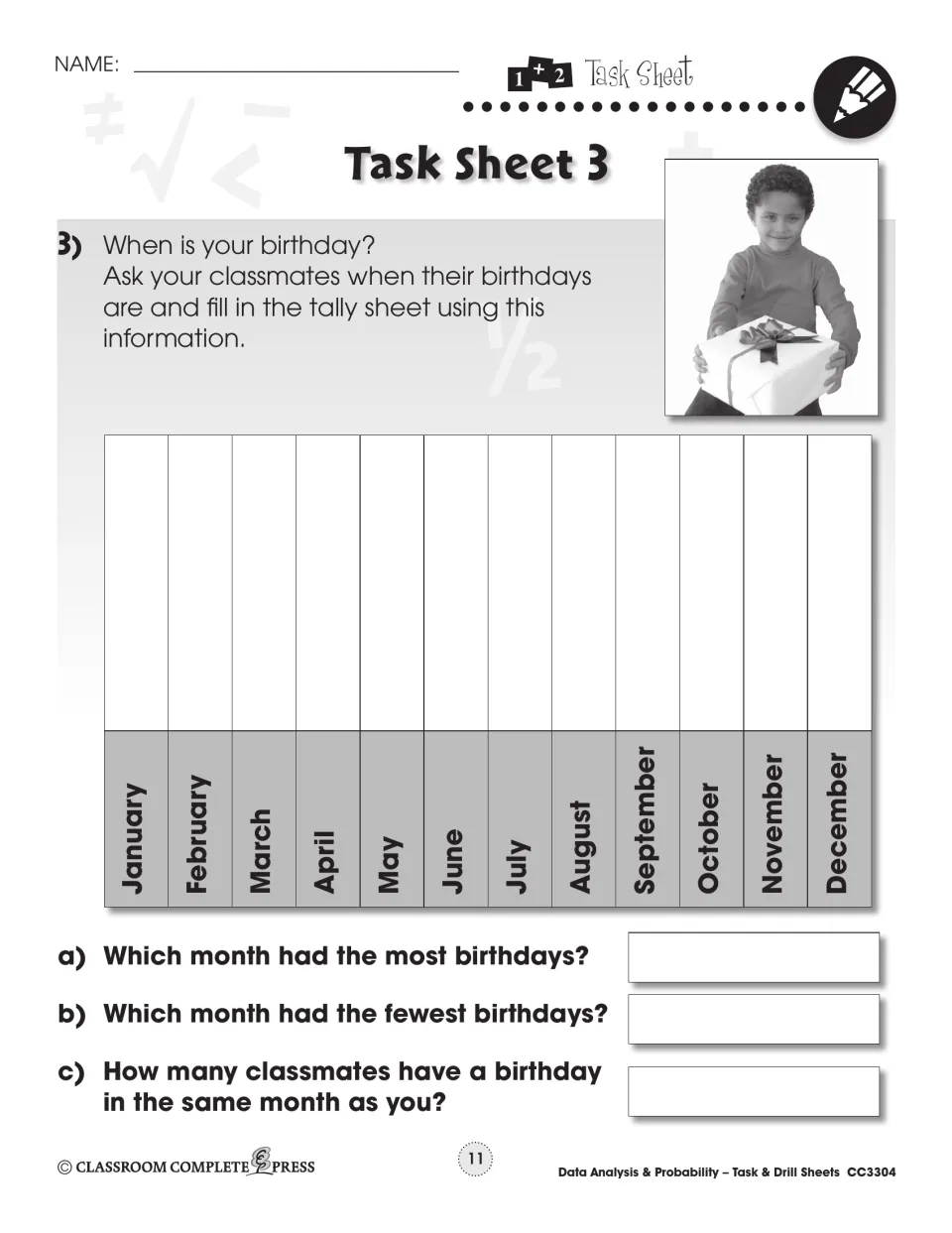 Task Sheet 3: birthday tally sheet for January to December from a class survey, with questions on most and fewest