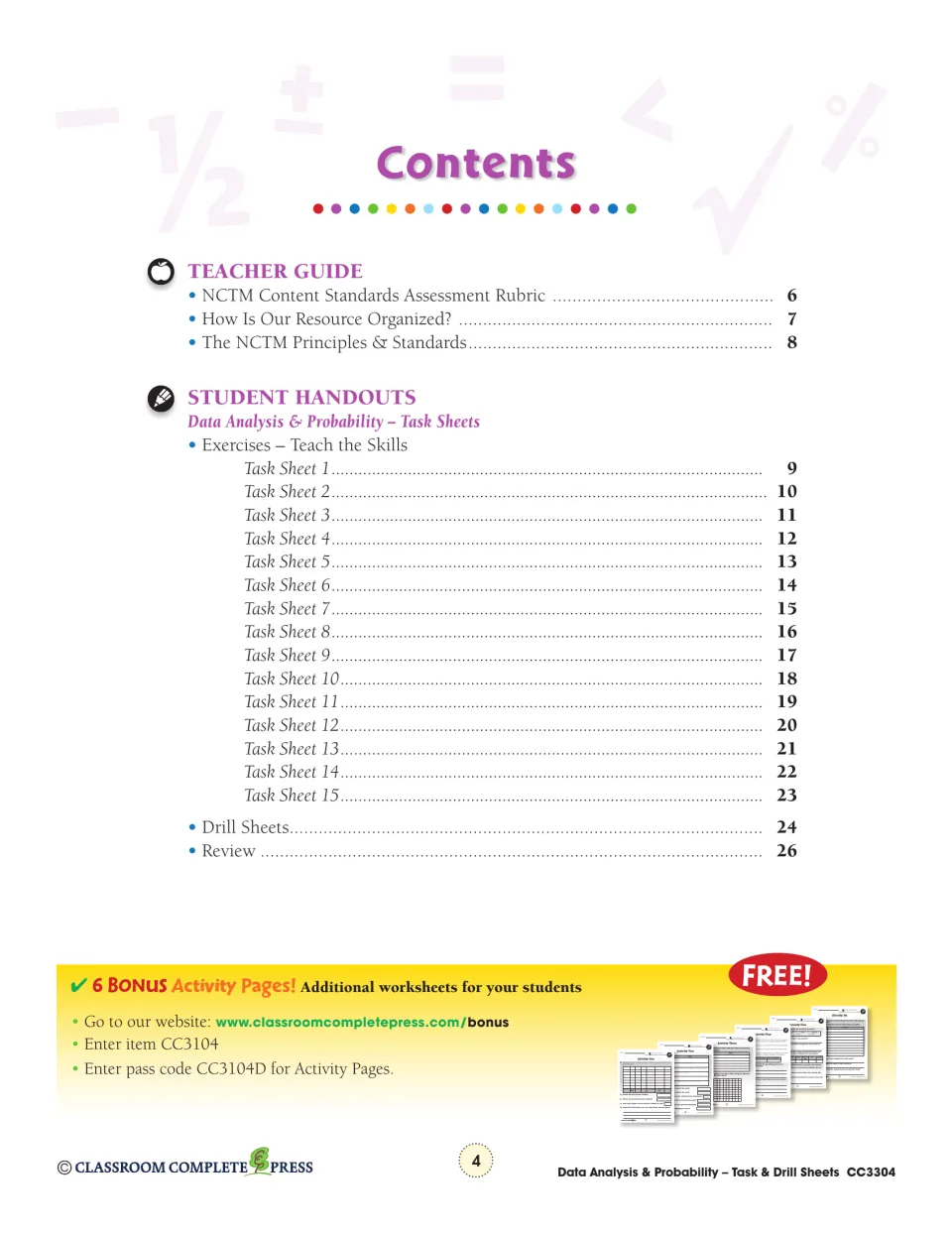 Contents, part 1: Teacher Guide pages, Task Sheets 1–15 on pages 9–23, then Drill Sheets and Review