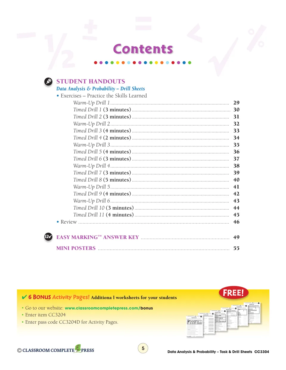 Contents, part 2: Warm-Up 1–6 and Timed Drills 1–11 with 2- to 5-minute limits, Review, answer key and mini posters