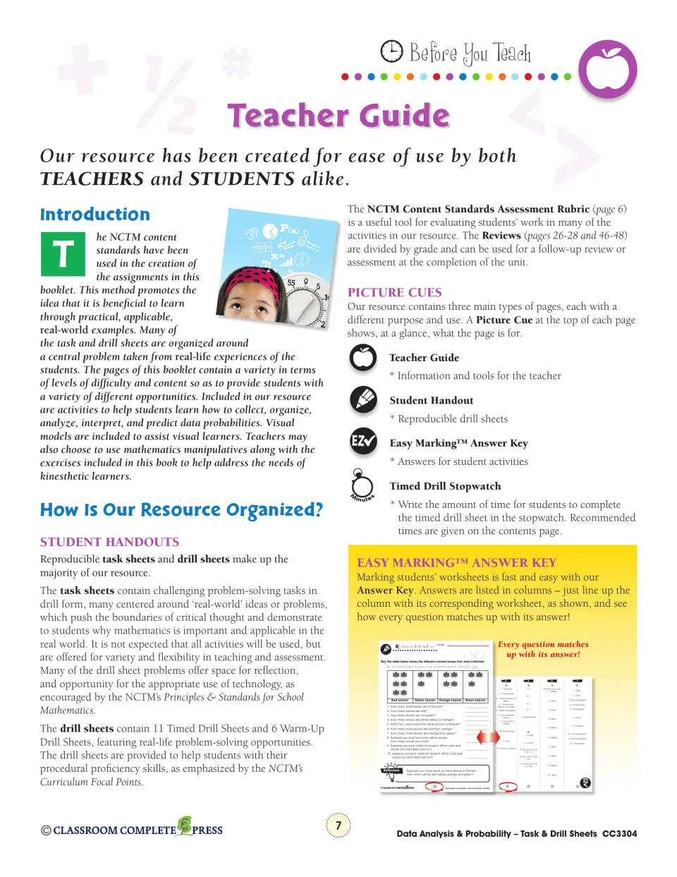 Teacher Guide: introduction, how task and drill sheets are organized, picture cues and the Easy Marking answer key