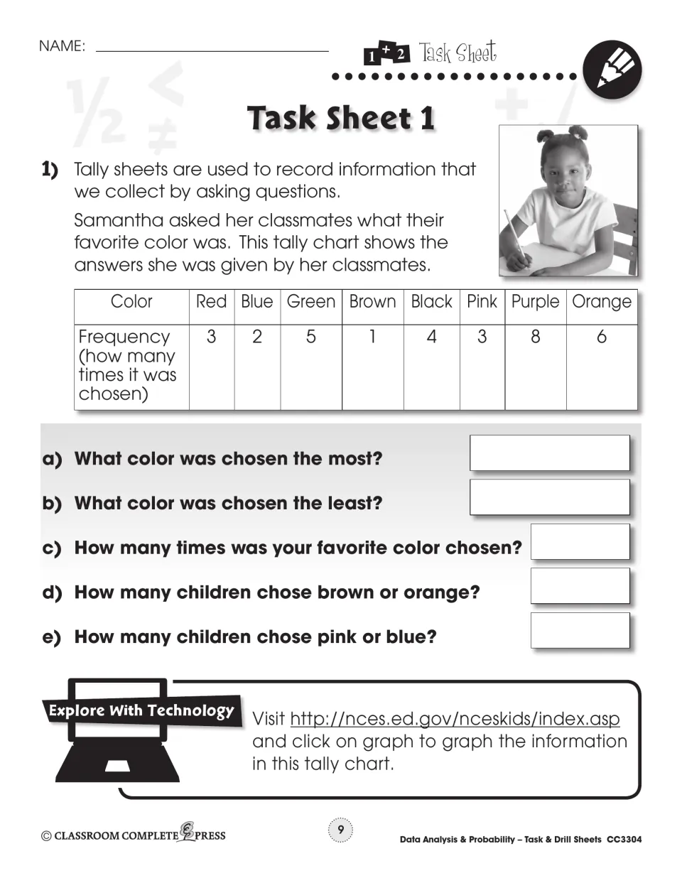 Task Sheet 1: tally chart of classmates' favorite colors, with questions on most, least and combined totals