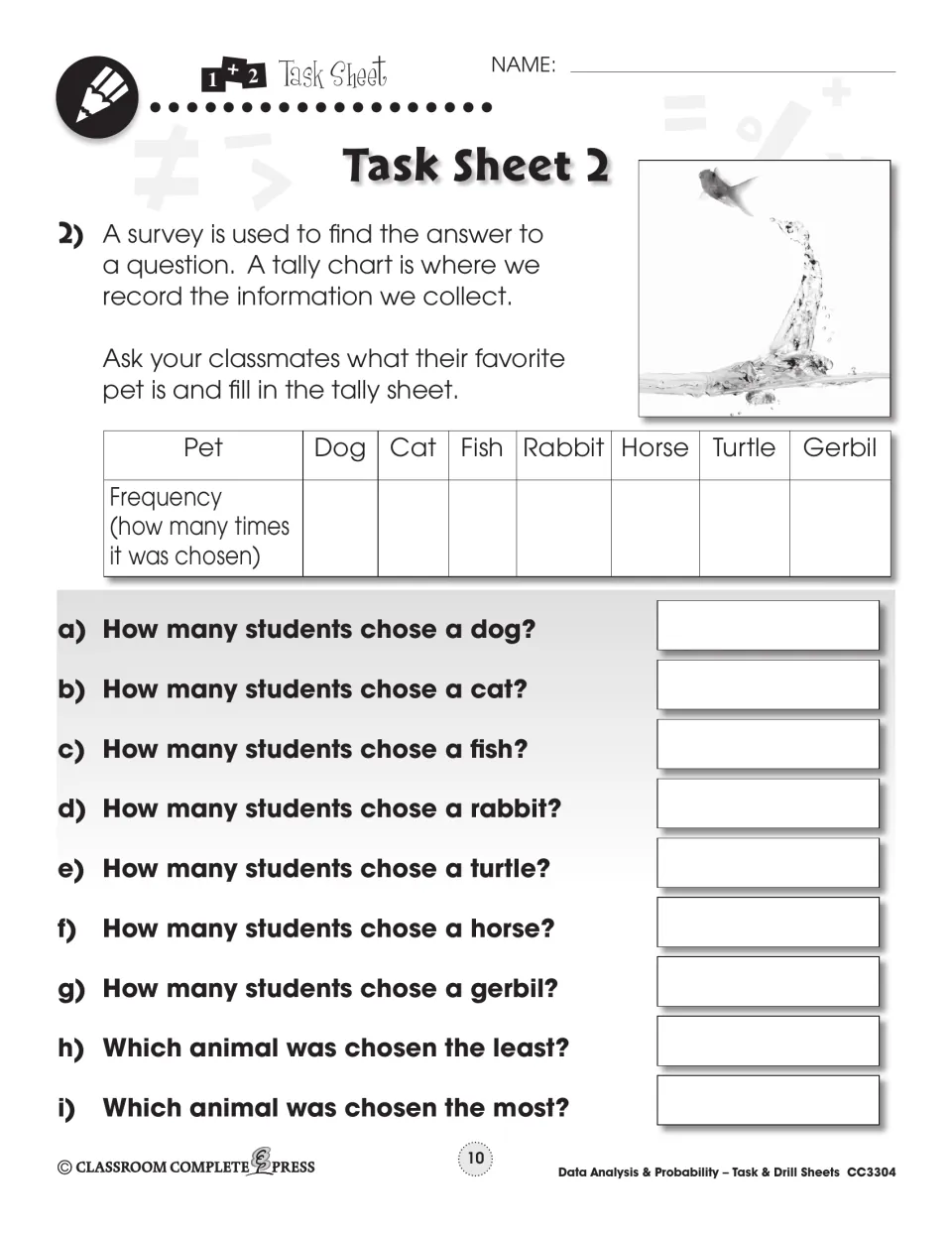 Task Sheet 2: a favorite pet survey of classmates (dog, cat, fish and 4 more) with a tally chart and 9 questions