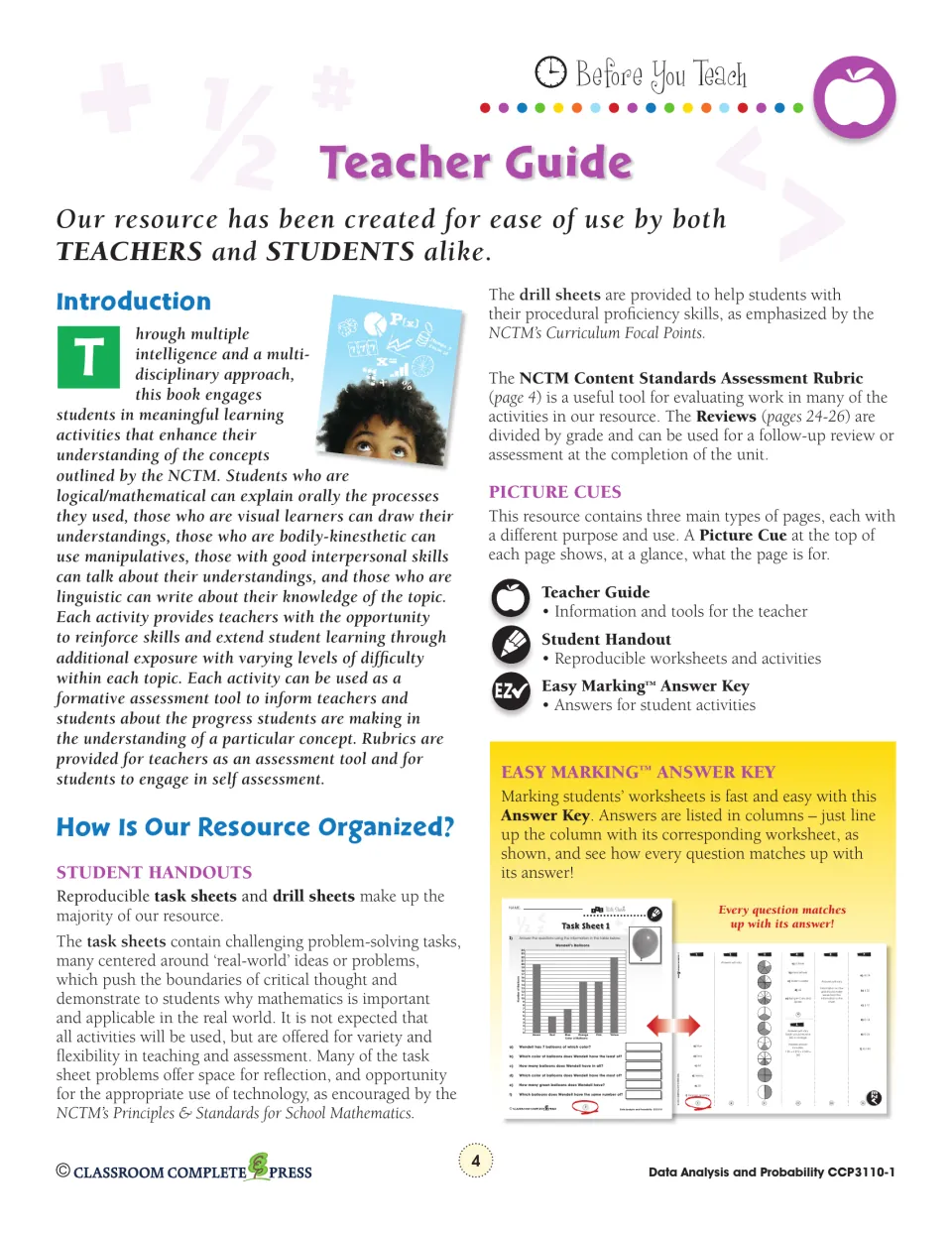Teacher Guide introduction explaining task sheets, drill sheets, picture cues and the Easy Marking answer key