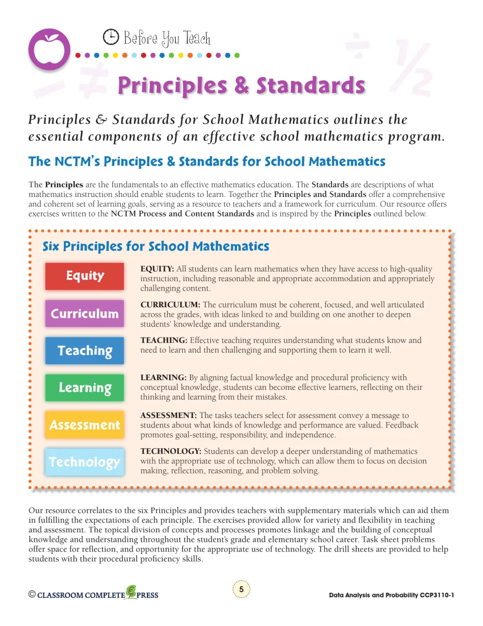 NCTM's Six Principles for School Mathematics: equity, curriculum, teaching, learning, assessment and technology
