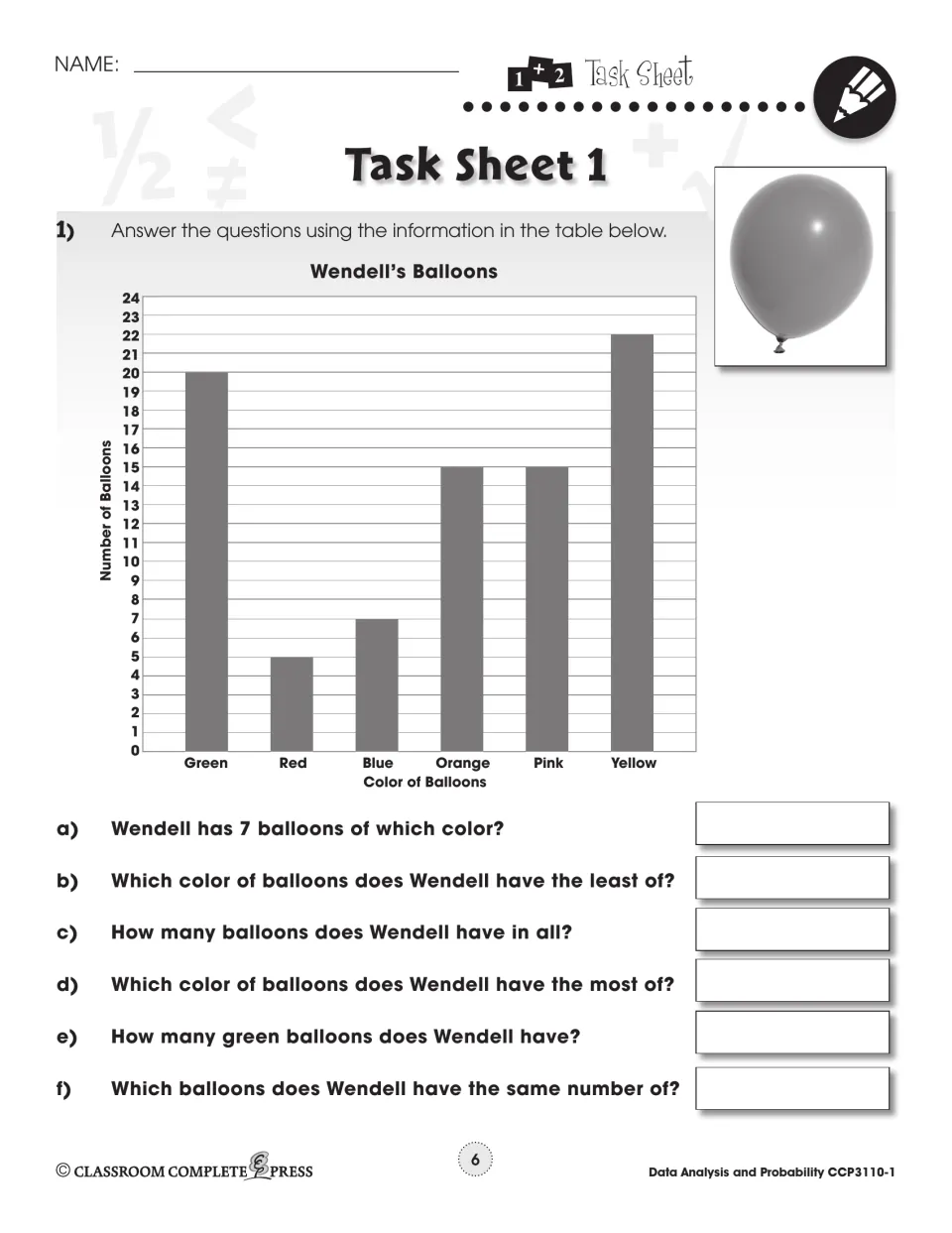 Task Sheet 1: read the Wendell's Balloons bar graph to answer six questions, like which color he has the most of