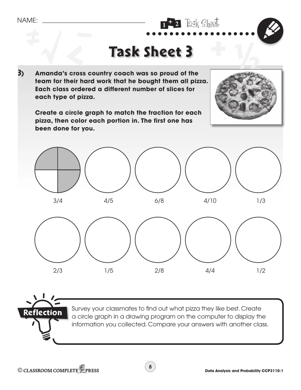 Task Sheet 3: pizza circle graphs for fractions 3/4, 4/5, 6/8, 1/3 and six more, with 3/4 shaded as the example