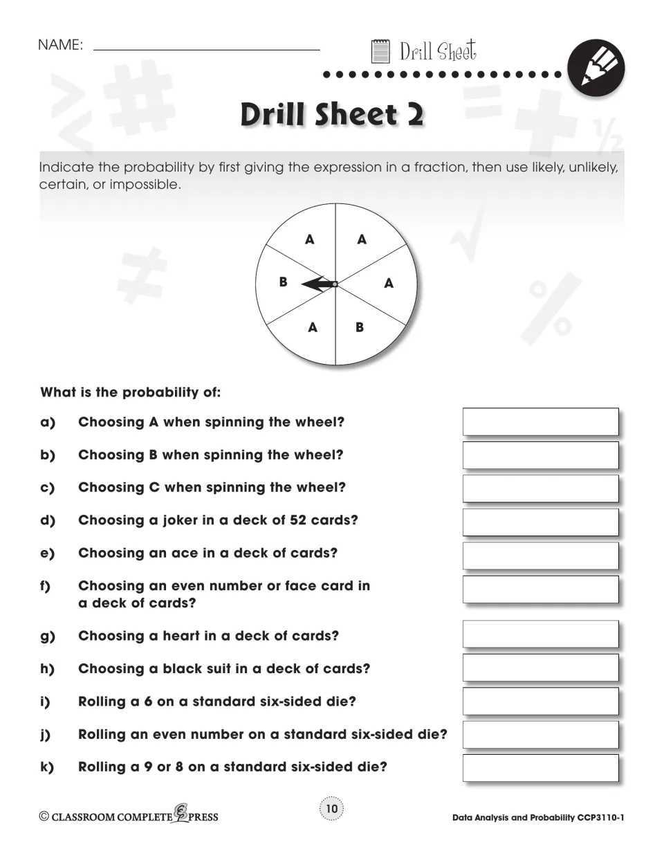 Drill Sheet 2: probability as a fraction for an A/B spinner, a deck of cards and a six-sided die, in 11 questions