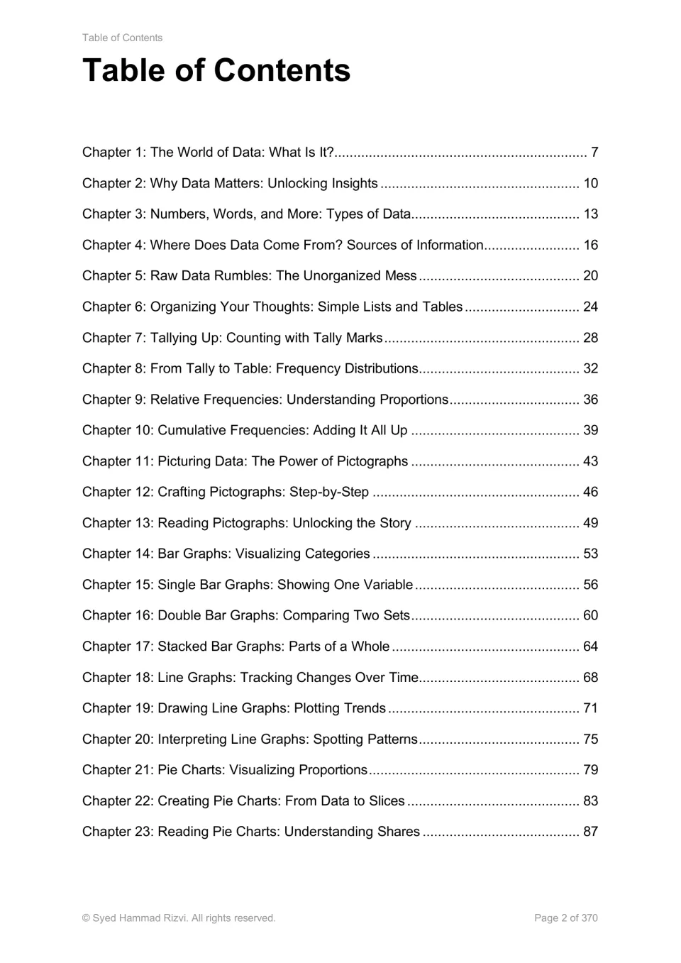 Statistics book contents for chapters 1–23, covering data basics, frequency tables, and introductory graphs