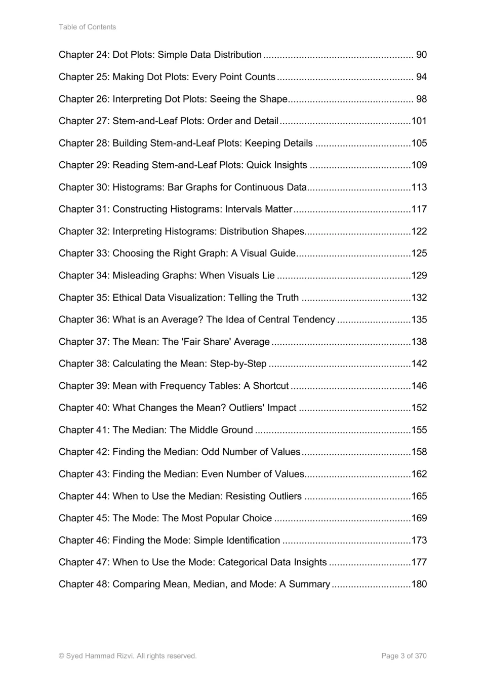 Statistics book contents for chapters 24–48, covering dot plots, histograms, and mean, median, and mode
