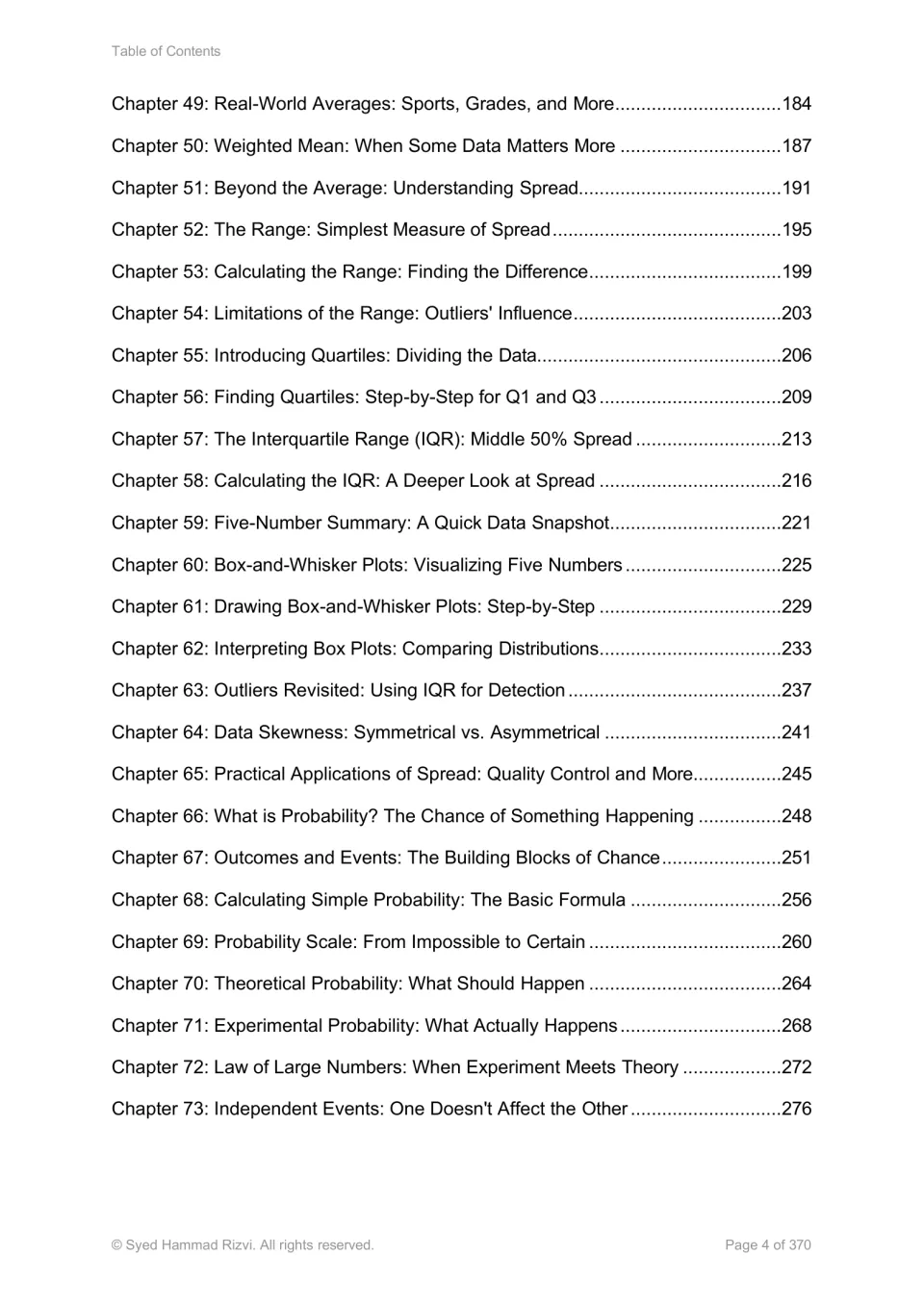 Statistics book contents for chapters 49–73, covering weighted mean, spread, box plots, and probability