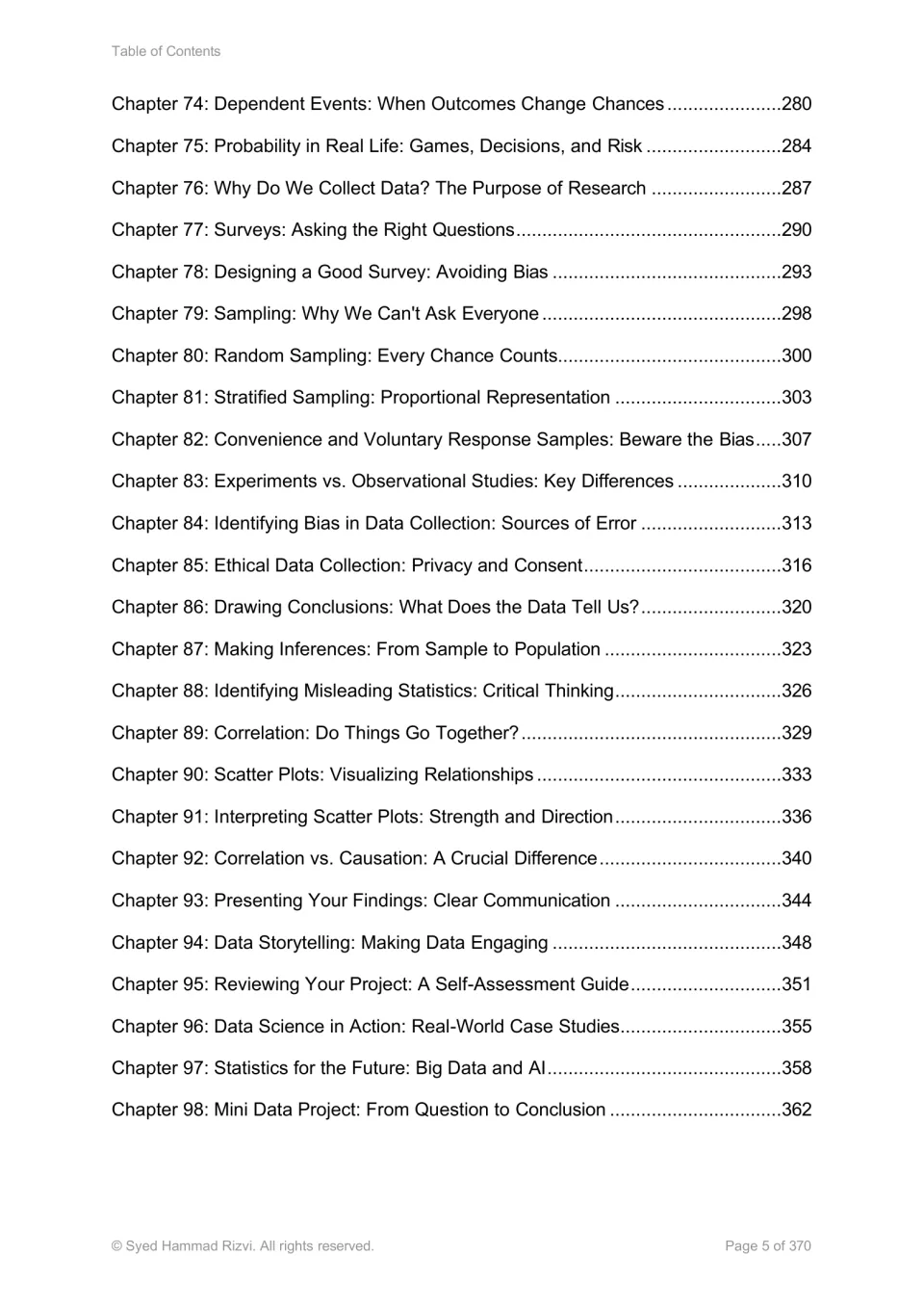 Statistics book contents for chapters 74–98, covering surveys, sampling, correlation, and data projects