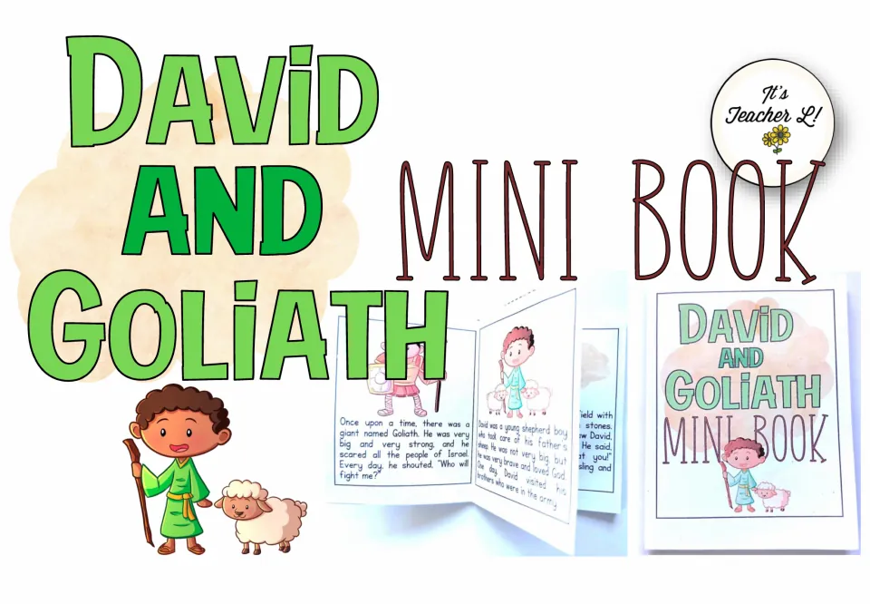 Cover for the David and Goliath mini book resource, showing David, a sheep, and assembled book examples