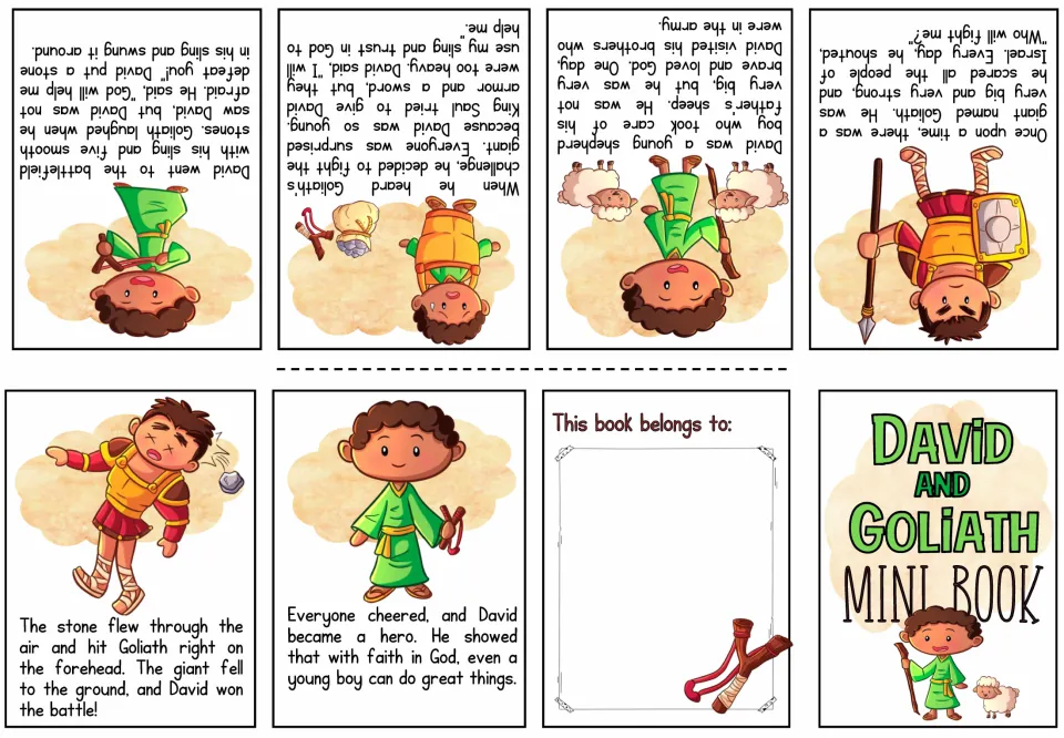 Color mini book sheet tells how David defeats Goliath, with six illustrated story pages and two covers